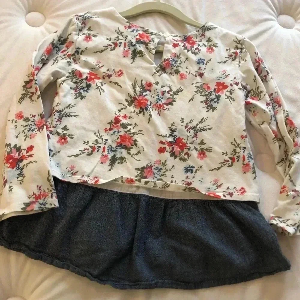 Gap small 6-7 girls floral peplum long sleeve top chambray white